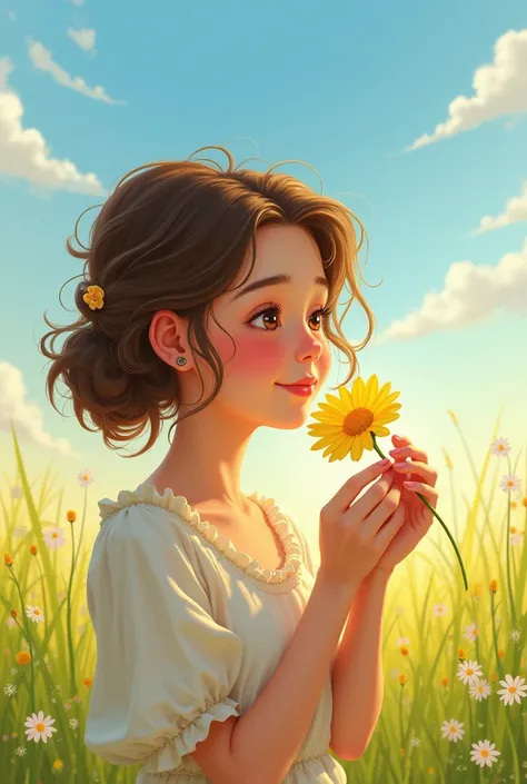 A cute girl smelling a yellow flower and smiling