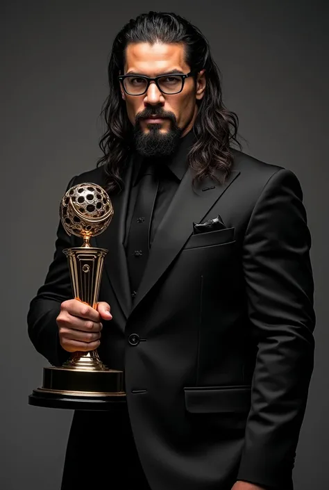  You can create for me , Please,  an image of Roman Reigns receiving a Slam Awards ?  I wanted you to The current Roman Reigns wearing a black suit, completely black,  your completely full beard ,  and him wearing glasses .  Him holding the Slammy and look...