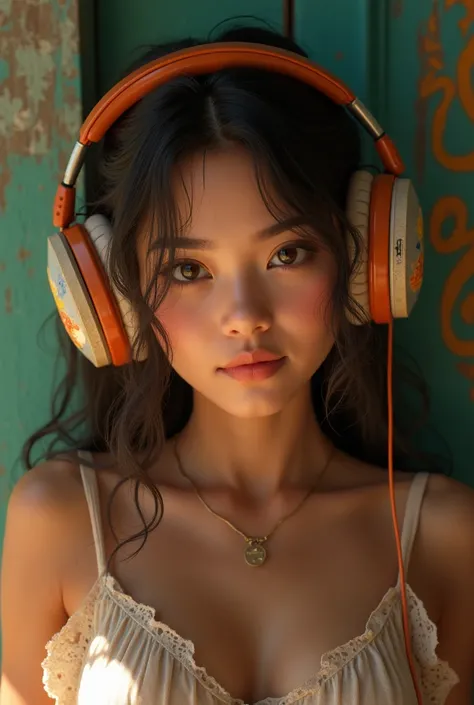  A pretty 15-year-old woman wearing headsets, real, As for Instagram photo , Make it look like youre from Mexico ,  but without showing much of your face