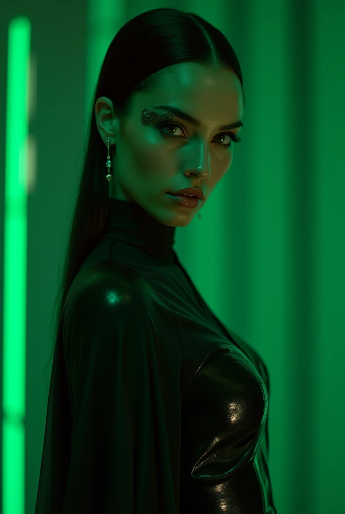 hot elegant woman in a "The Matrix" costume on a dark green background. Shot with Hasselblad using a 11mm lens at 1.8 apperture --ar 16:9 --niji 6 30-megapixel, Canon EOS 5D Mark IV DSLR, 85mm lens, sharp focus,
intricately detailed, long exposure time, f/...