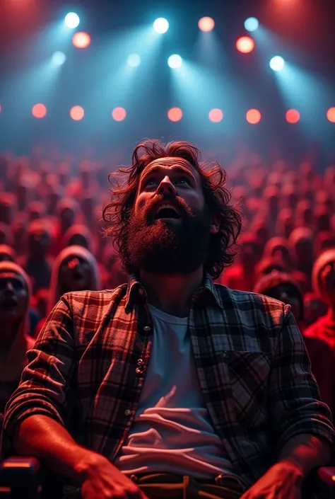  An expansive scene of a man with a full beard and messy hair ,  sitting in front of a grandstand full of people .  He is leaning back ,  with his eyes wide open and his mouth contorted in an expression of pure comic terror.  He wears a plaid shirt and kha...