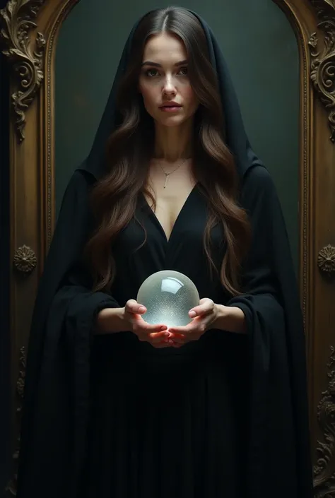 realistic image of a beautiful Aryan woman with black eyes, long brown hair, she is a witch wearing a beautiful discreet black dress, and a black cape, she holds a crystal ball, she looks deeply into the camera, in the background we have a mirror