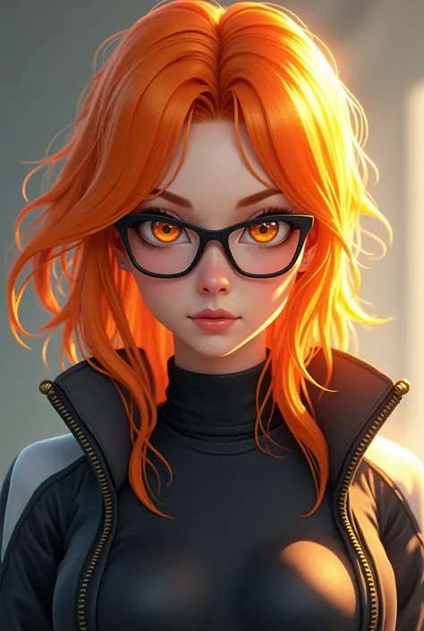 A female Naruto oce with orange hair with some yellow locks with light orange eyes in smart glasses wears glasses and has big breasts 