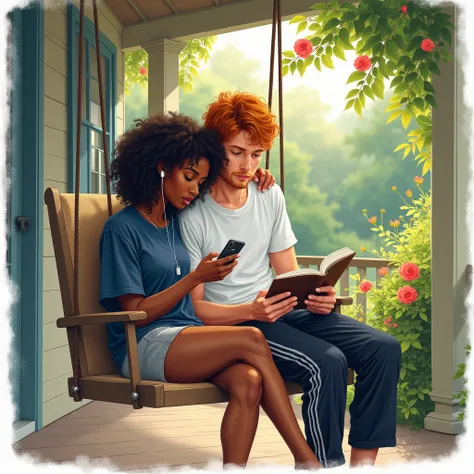 Generate in a pencil drawing in color style a image of a serene scene set on the porch of a cozy home, where a couple shares a quiet, intimate moment on a hanging chair swing overlooking a lush garden bathed in the soft light of the day.

Kenia, a young Bl...