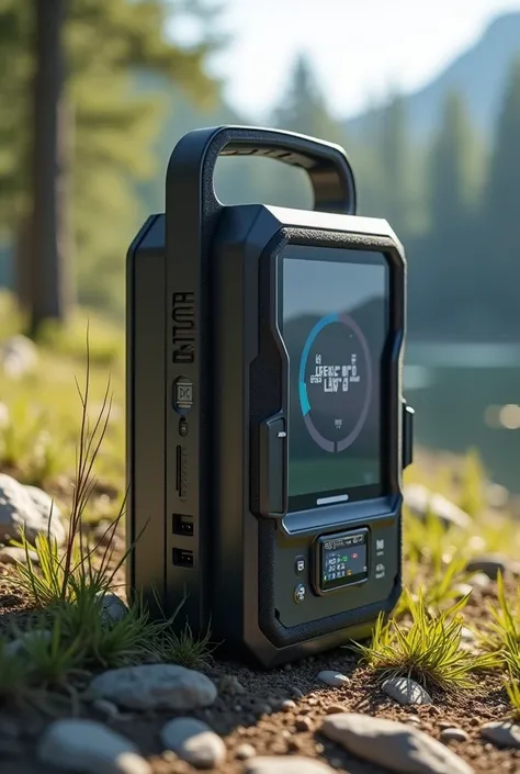  Create an image of a multifunctional portable charging station with water filtration function.  In the center of the image, place the device itself with a modern and ergonomic design . 

 Main components :

1.  solar panels : Show me,  like solar the pane...