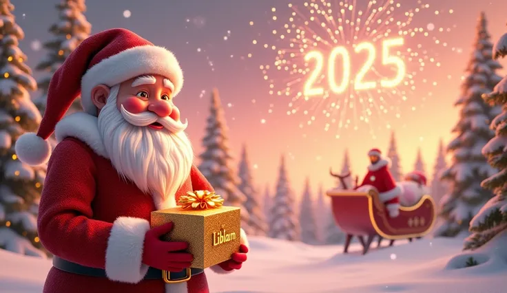 A magical Christmas scene in a Pixar-inspired whimsical style, with high-definition details and a dreamy pastel pink and golden atmosphere. Santa Claus, depicted as jolly and vibrant, dressed in a luxurious red suit with gold accents, stands in a snowy lan...