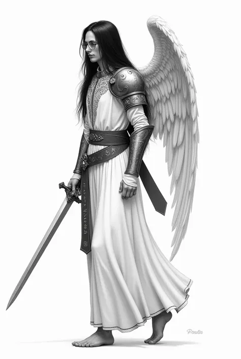  full body drawing drawn in black and white pencils, wingless young angel ,   walking sideways with long straight black hair ,  long and austere face ,  with features sculpted like marble ,  and the round glasses , long white tunic,  adorned with gold embr...