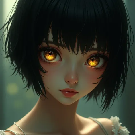 A digital art of a girl with short black hair with slightly golden hair ends , golden eyes , black sclera. Light background 