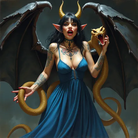 
Horrified woman in a blue dress holding a golden snake devil, an album cover by Galen Dara , trending on deviantart, chest, devillic, devil 4 lilith, devil 4 queen, devillus in musica, devil 4, devil, metal album cover, Diabolical,  new album cover, dilra...