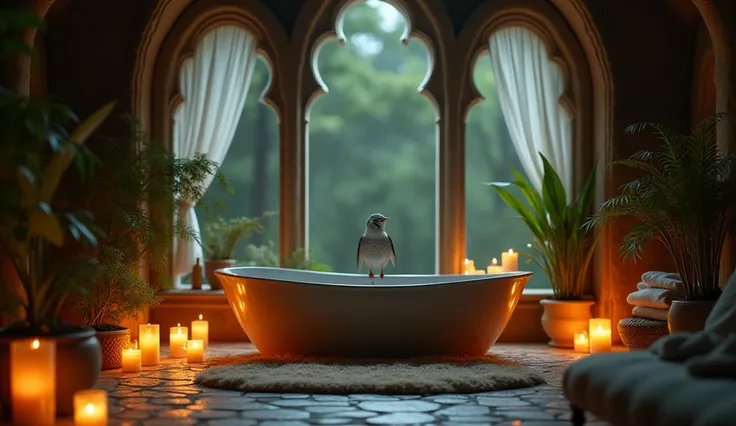 Eina mesmerizing bathhouse in an elven home,  green plants, high arched windows, candles scattered throughout the room, (((a large basin sunk into the floor))), a soft carpet in front of the bassin, (((white transparent curtains on the windows))), (((a sta...