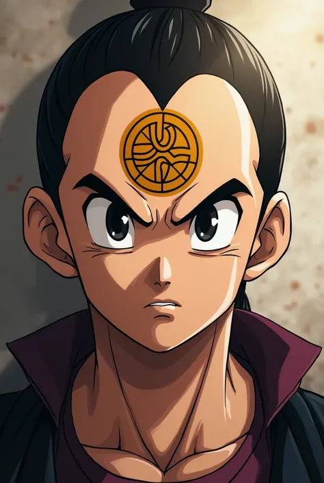  Make the image of a part of the character Uub from Dragon Ball GT. The reincarnation of Majin bbu
with the Majin mark on the forehead 