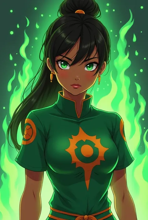 Imagine a lady with emerald colored flames behind her. She is putting on an emerald shirt with designs made of orange color. She looks fierce. She is of an anime-style illustration. She has the stance of a warrior. She is brown skinned 