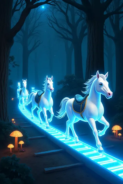 Attraction avec des Poneys sur rail luminescent et phosphorescent dans une foret avec de grands arbre la nuit  