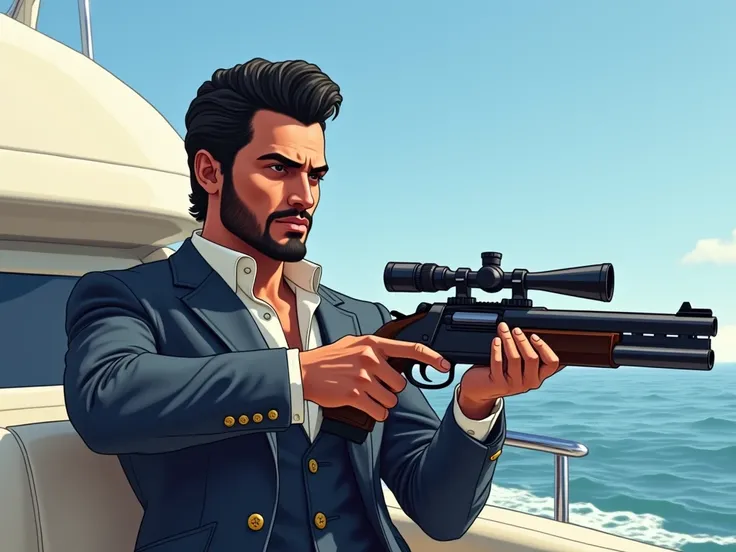 CARTOONIZED GTA 5 STYLE PHOTO OF MICHALE DE SANTA WITH WELL-GROOMED BLACK HAIR AND A FACE WITHOUT A BEARD, DRESSED IN ELEGANT CLOTHES, HE WIELDS A DESERT EAGLE GUN ON HIS LUXURY YACHT THAT SAILS IN FRONT OF THE BEACHES OF LOS SANTOS ON A DAY OF BLUE SKY