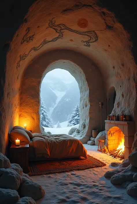  Create a bedroom decorated with cave paintings, night, Fireplace, nightleri kar fırtınasına bakan pencere,  relaxing lighting ,  warm , relaxing ,  some bedroom features ,