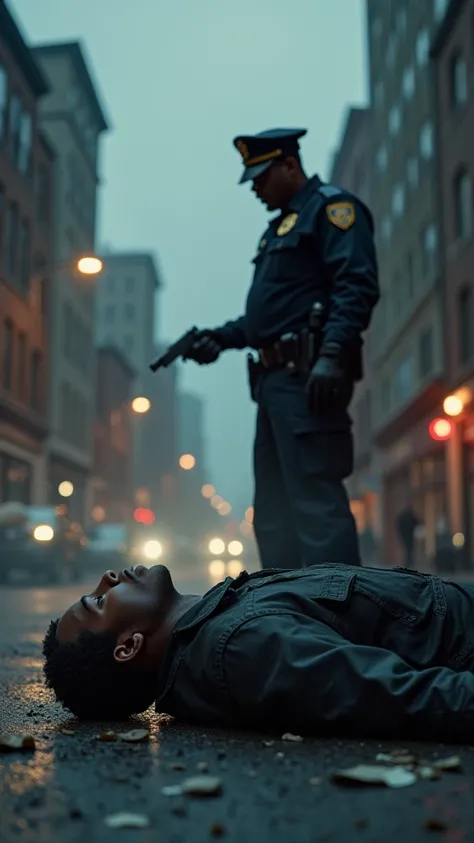 police officer killed a young black citizen, with a gun, in an urban center, realistic, cinematic lighting, high contrast, dramatic atmosphere, detailed facial expressions, gritty, raw, documentary style, social commentary, impactful, powerful