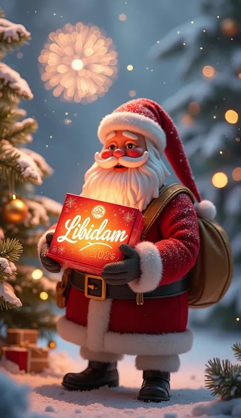 "A Pixar-inspired magical Christmas scene with high-definition details. Santa Claus in a vibrant red suit with gold accents, standing amidst snowy trees adorned with golden ornaments and herbal elements like damiana leaves and maca root. Santa holds a glow...