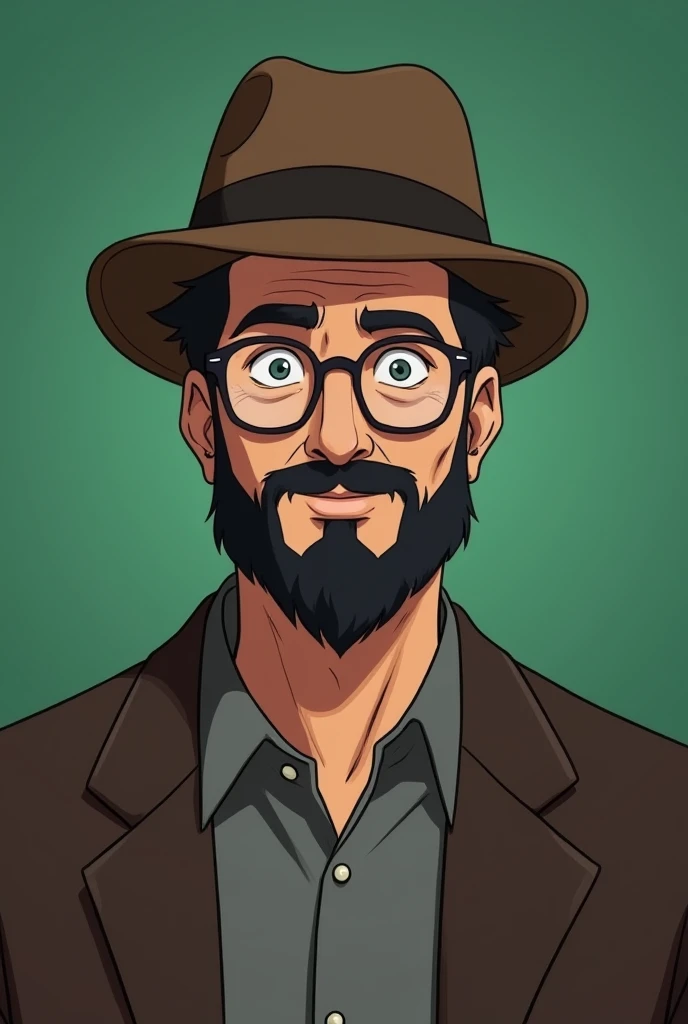 Character: Rahul, a middle-aged anime critic

Appearance:

- Wearing a brown fedora hat and spects 
- Sporting a well-groomed beard
- Dressed in a casual, yet refined outfit
- front facing 
Background:

- Standing in front of green screen

Expression:

- C...