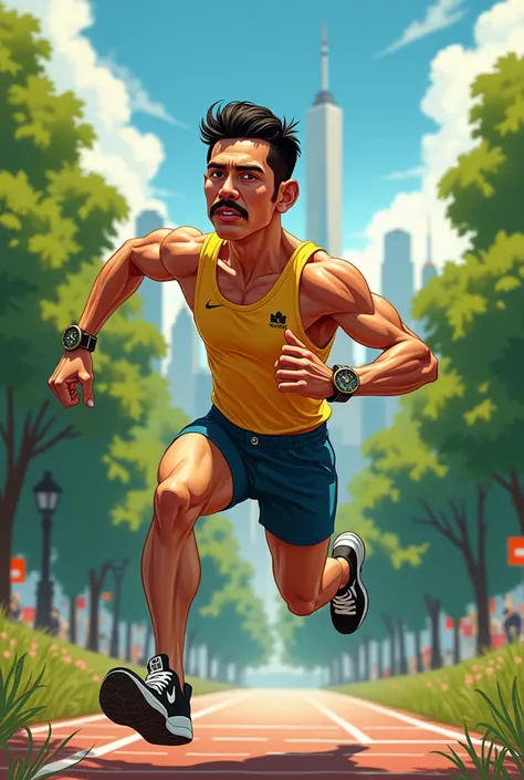 Caricature of runner Haroldo Ferrario running in Central Park
Hes running too fast 
He has a smooth face and a short mustache. 
Your appearance is very serious 
He has a huge watch, very beautiful. 