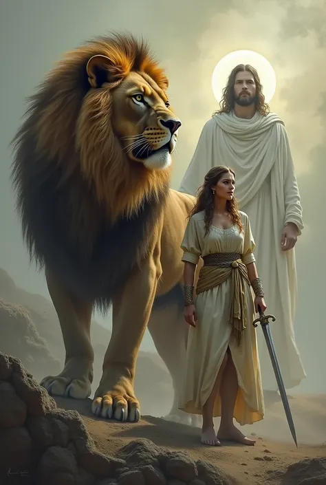 Lion image ,  woman with sword Jesus 
