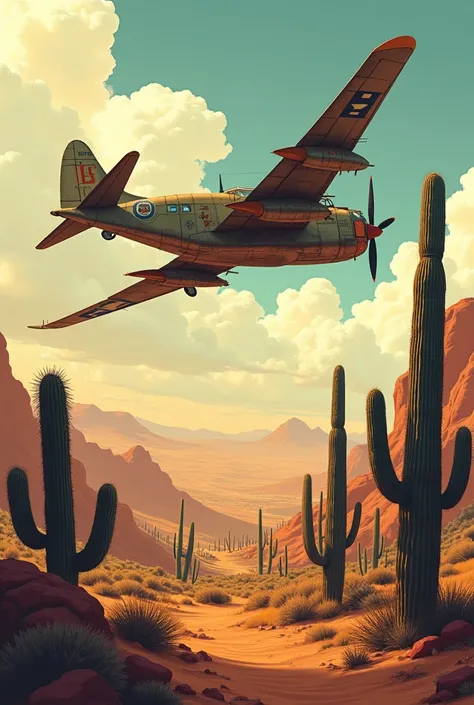  Create a tattoo design of an old warplane flying over the Northeastern Brazilian hinterland, with cacti and in the heat  