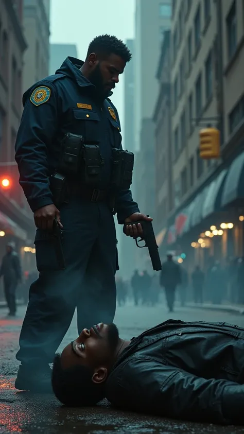 police officer killed a young black citizen, with a gun, in an urban center, realistic, cinematic lighting, high contrast, dramatic atmosphere, detailed facial expressions, gritty, raw, documentary style, social commentary, impactful, powerful