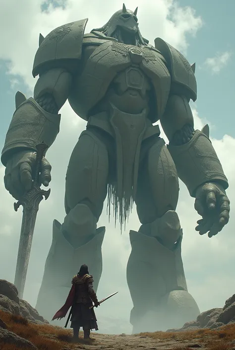 A human cutting a giant golem in half ,  the golem is about 5 kilometers tall the golem is standing and the human is crossing the golem with a sword and a colossal attack
