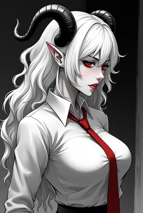  I want to generate an image of a character , Its called Zani from Wuthering Wave ,  I would like it to be in black and white manga style, She is an adult woman with white hair ,  she is a demon with red eyes and black horns as if they were a goat she has ...