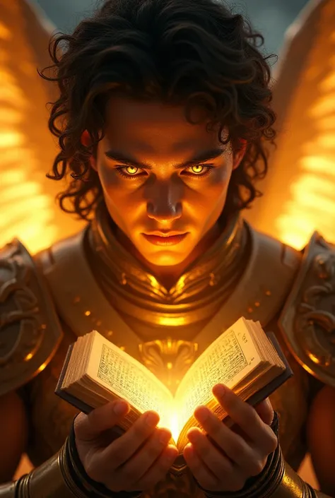 Close-up of Raziel, the archangel, holding an ancient, glowing book of wisdom, the Book of Raziel, in his hand. His eyes glow with divine knowledge, and his expression is serene yet powerful, as if he holds the secrets of the universe. His celestial skin h...