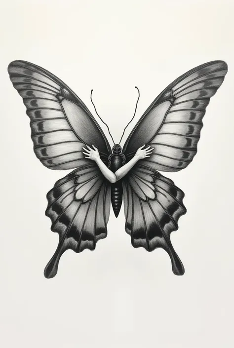 Create a tattoo image of a butterfly where the body is made up of two people 