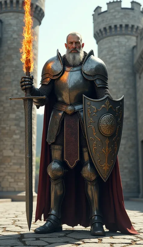 realism,  Medievkovye.  An old man 2 meters tall in plate armor .  Standing leaning on a shield ,  decorated with a metal pattern .  He has a sword in flames in his other hand.  His head does not have a helmet , you can see his short gray hair .  piercing ...