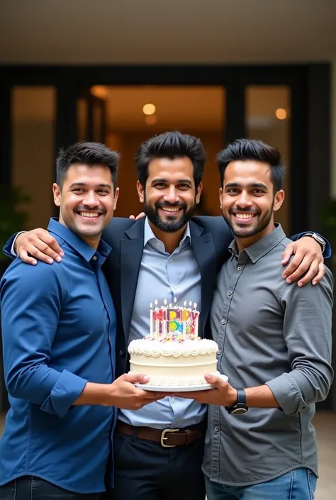 A photo of two Indonesian men in their 30s celebrating a 41st birthday. They are standing in front of a luxurious building. The man in the middle is holding a birthday cake with the text "Selamat ulang tahun sahabatku Andy Riz ke 41 tahun". He is wearing a...