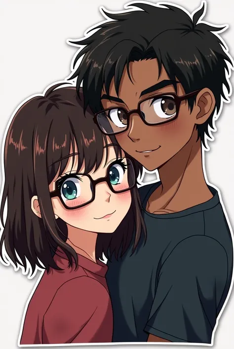 Girl and her boyfriend next to each other in anime style. Girl with dark brown hair and red strands among dark hair. Blue eyes, Hair below shoulder length with square glasses. The guy is dark, black hair, big eyebrows and brown eyes, the same glasses. The ...