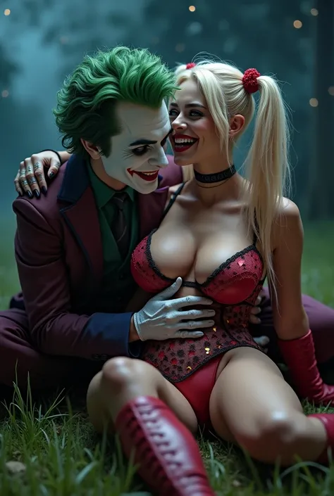 Ultra-realistic porn image of the character Harley Quinn with colored hair with her hand on her bra showing her huge breasts, thick thighs, just like a porn actress and expressive eyes, having sex with the Joker on a grass of the floor on a starry night an...