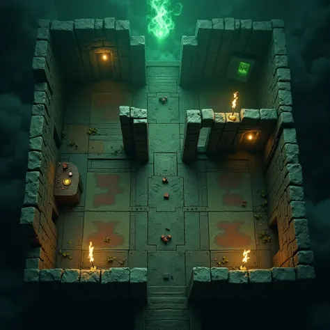 top down view only. basement. cave. medieval dungeon interior, tabletop RPG map, detailed dungeon scene, top down view, library setting, dark green and gray color palette, high quality, two large rooms with a hallway in the middle. wooden floor. old carpet...