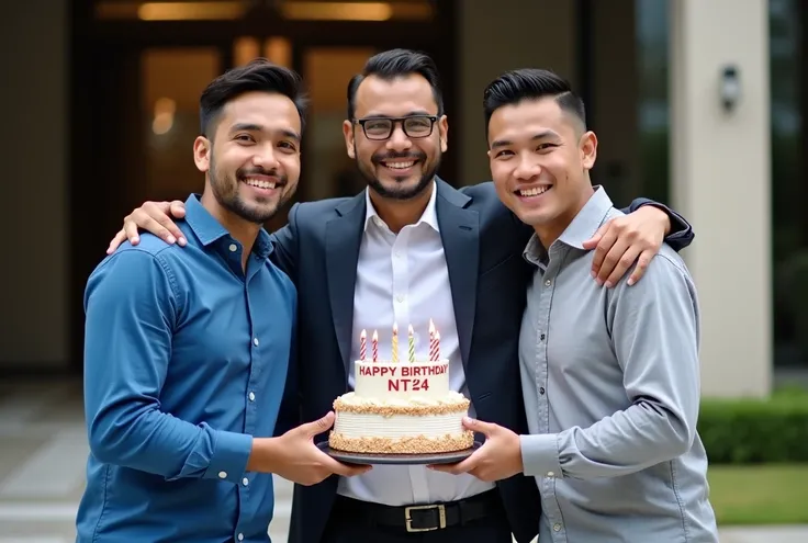 A photo of two Indonesian men in their 30s celebrating a 41st birthday. They are standing in front of a luxurious building. The man in the middle is holding a birthday cake with the text "Selamat ulang tahun sahabatku Andy Riz ke 41 tahun". He is wearing a...