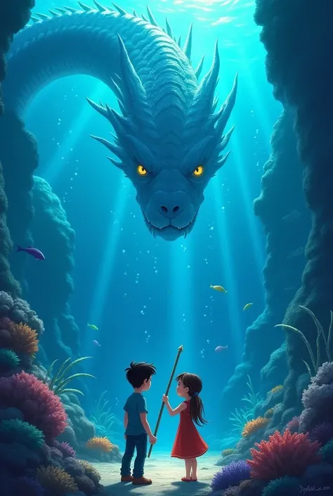 The boy and girl, around , Aryan, has short black hair and wears a simple blue shirt and jeans and Tanya, has long brown hair tied in a ponytail and wears a red dress are underwater in a glowing, deep ocean, facing a massive sea serpent with shimmering sca...