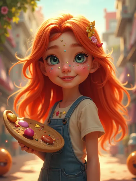 Girl with red hair (long)  holding a palette in his right hand ,  with star stickers on his face and lots of glitter, You look forward to a bright environment 