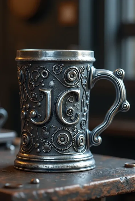 A mug with the letters JC with a mechanical design 