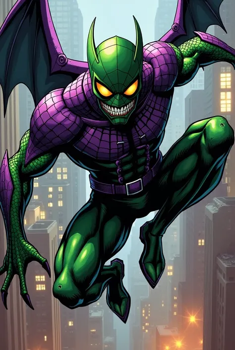   Norman Osborn alias green goblin  ,   has purple armor with green arms with scales  ,   in addition to his legs that are also green and have scales  ,   he always flies on his bat-shaped flying platform where he flies over the city ,   throws explosive p...