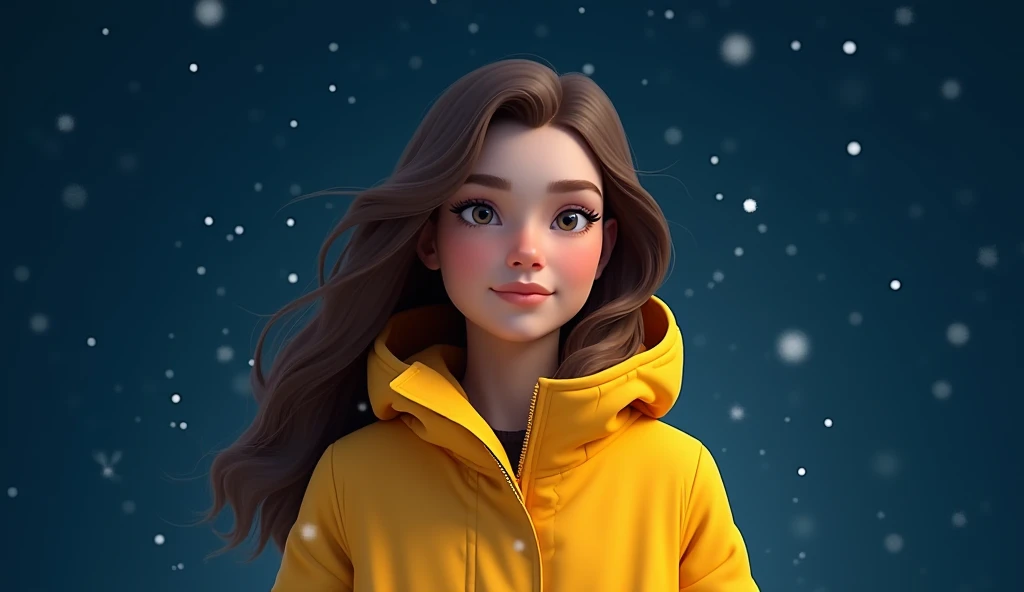 a female, european, young adult, slim body, wavy brunette hair, slight smile, in a yellow ski jacket, snowflakes, dark blue background