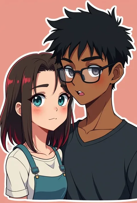  The girl and her boyfriend are next to each other in anime style .  A girl with dark brown hair and red locks in the dark hair.  blue eyes ,  Hair below the shoulders with square glasses .  The guy is swarthy ,  black hair,  big eyebrows and brown eyes , ...