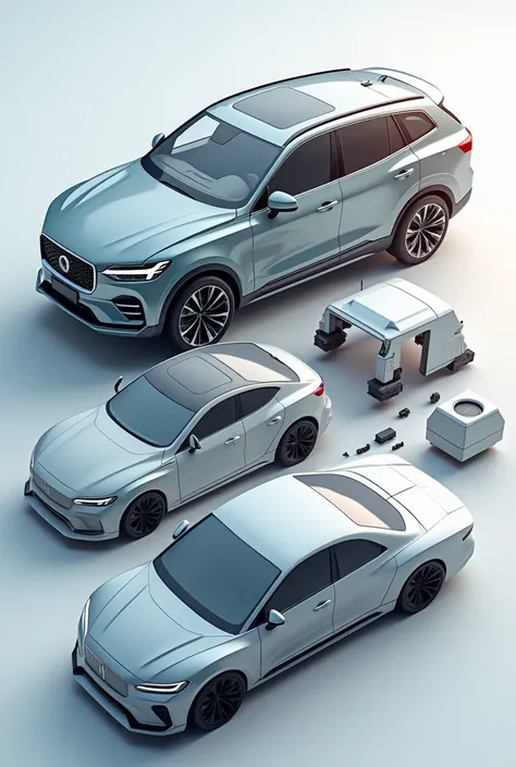  Create an image of the modular car body replacement system .  B materials in the center of the image, place the car on one side ,  where you can see different body modules ,  doors and bumpers like the hood , doors and bumpers, demonstrating,  how they ca...