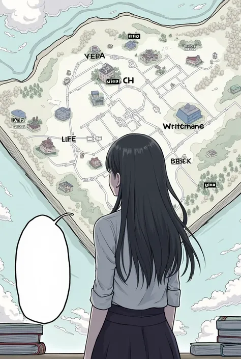 A Japanese comic book image ,  in the background the open Whiteout Survival map with several cities , The character Gina from Whiteout Survival with her back to the map and pointing to one of the cities and a blank dialogue bubble