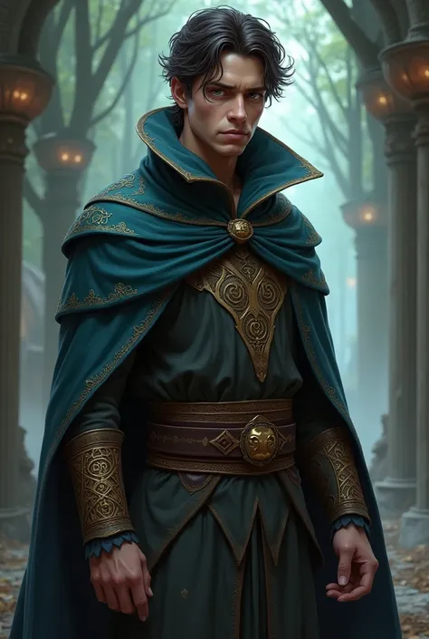  Create a human-variant of the male gender ,  of the wizard class of the necromancer path from the board game Dangers and Dragon 5e ,  he is 27 years old measured height ,  thin with gray eyes always attentive with misaligned dark brown hair , with runes o...