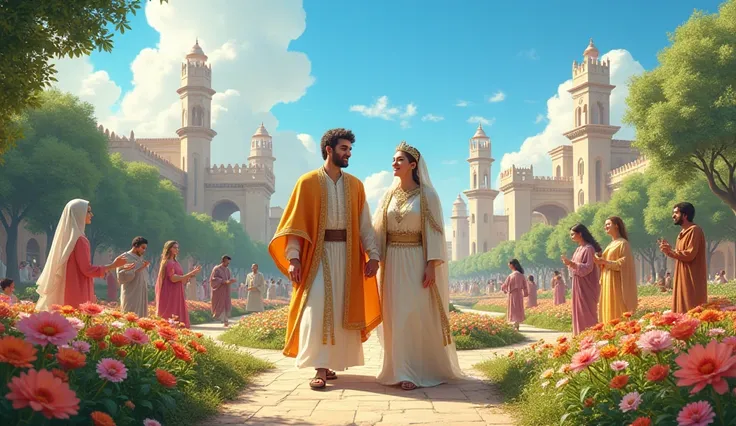 They lived happily ever after, spreading joy and wisdom to all."
Prompt: A picturesque palace garden with King Saleem and Queen Ana walking hand in hand among blooming flowers. They smile warmly at each other, surrounded by joyful citizens and ren playing....