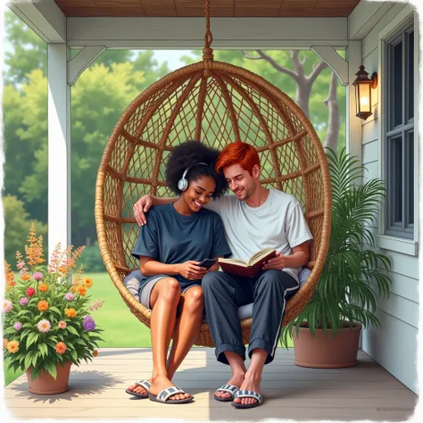 Generate in a pencil drawing in color style a image of a that captures a warm, intimate moment on the porch of a cozy home, viewed directly from the front. Gareth and Kenia, a loving couple, relax together on a spacious, rustic wicker hanging chair, which ...