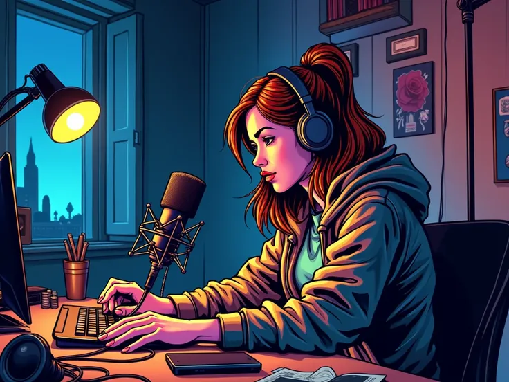 Comic book art-style A woman sitting in a studio doing a podcast at night with headphones 