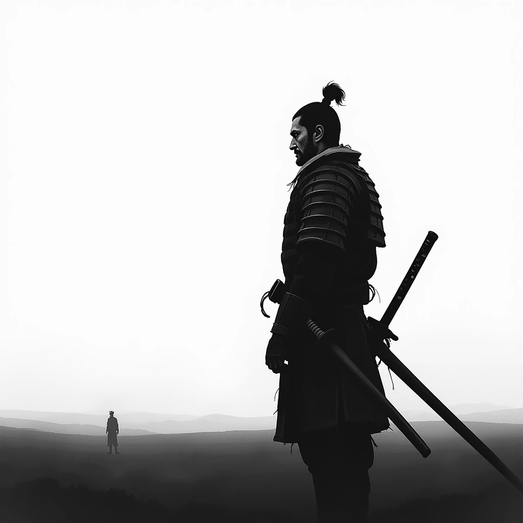 samurai looking at the horizon in black and white