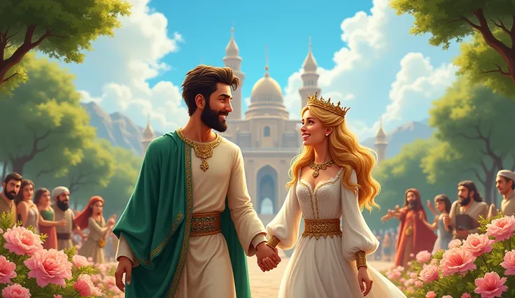 They lived happily ever after, spreading joy and wisdom to all."
Prompt: A picturesque palace garden with King Saleem brown eyes dark brown hair cut with Beard and mostesh with crown and Queen Ana green eyes long blonde hair walking hand in hand among bloo...